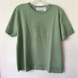 Vintage Alfred Dunner Sage‎ Green Knit Top S Floral Cottage Granny Indie Retro